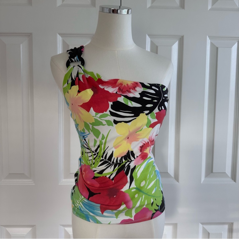 Cache Y2K Vibrant Floral Fitted One Shoulder Tank Build-in Bra Top Size S